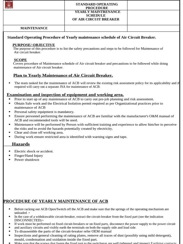 Yearly ACB Maintenance Procedure | PDF | Occupational Safety And Health ...