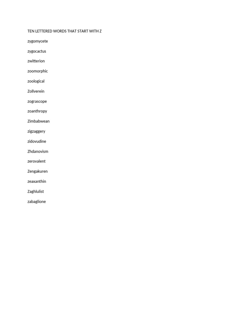 Ten Lettered Words That Start With Z | PDF