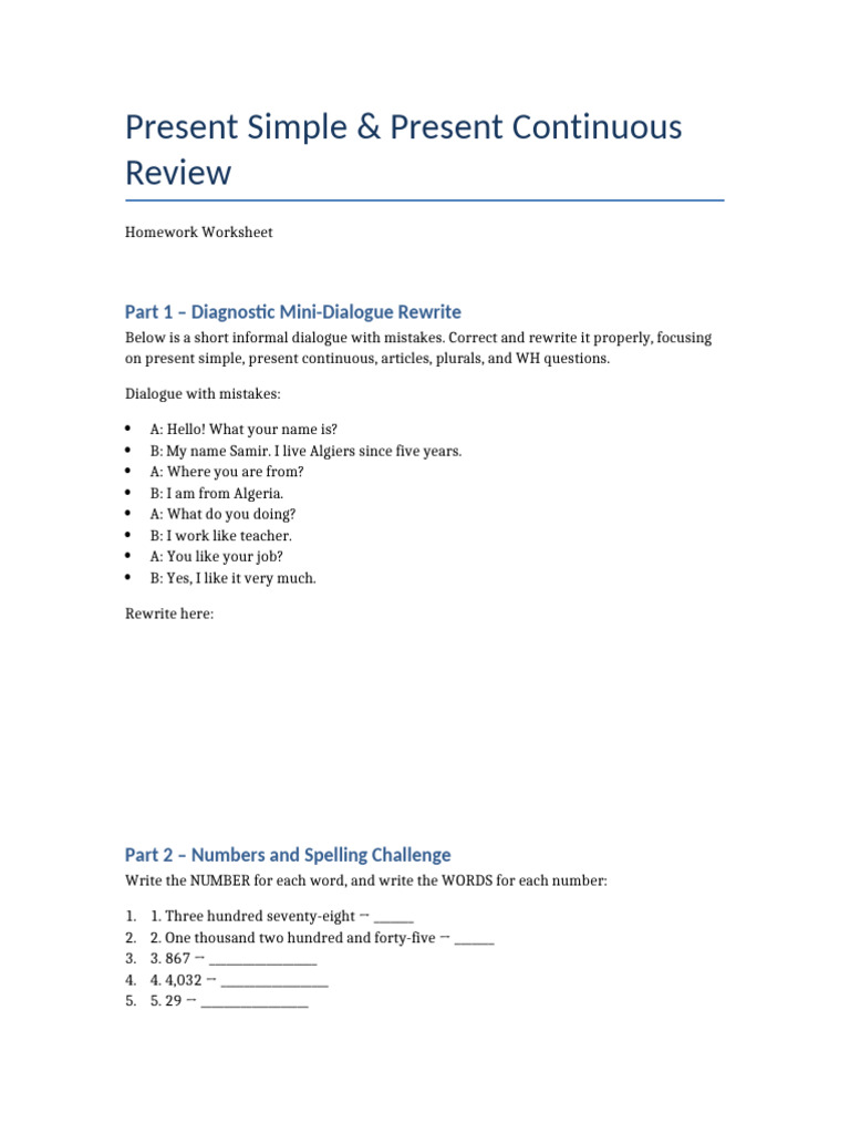 Present Simple vs Continuous Grammar Worksheet | PDF | English Language ...