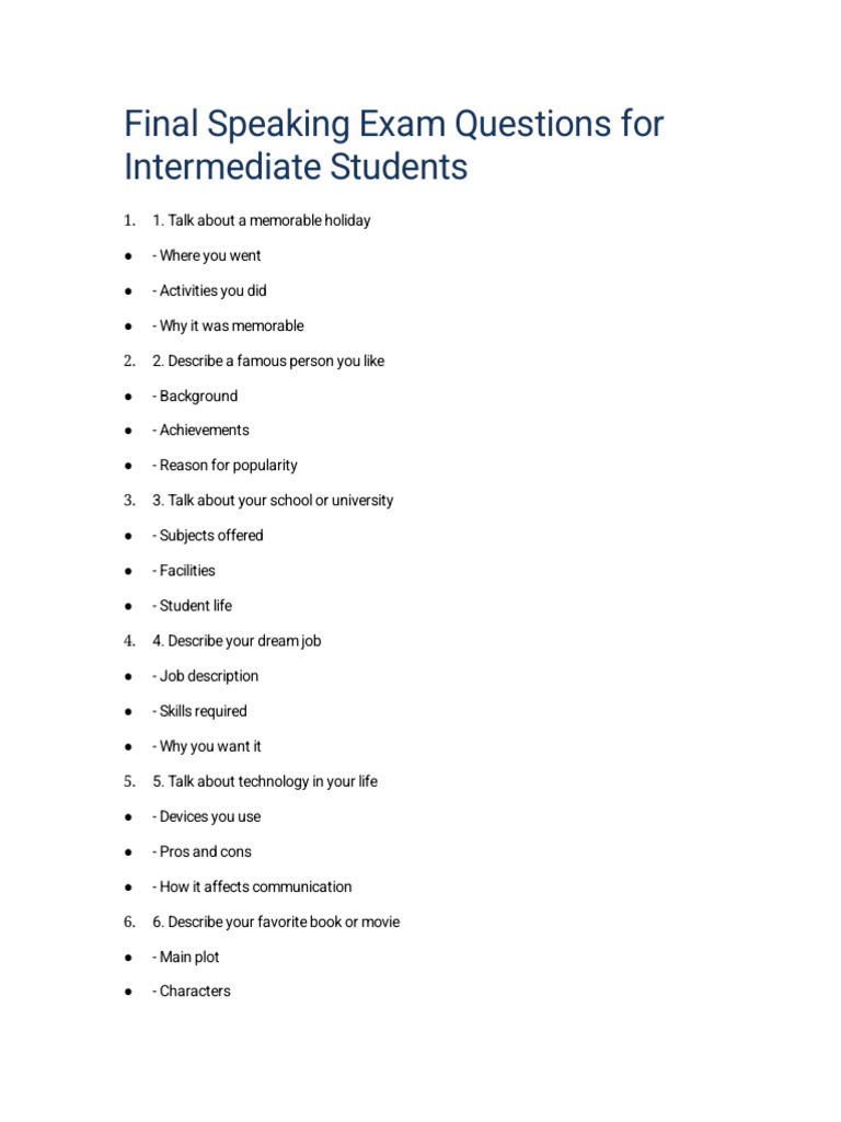 Final Speaking Exam Questions For Intermediate Students | PDF