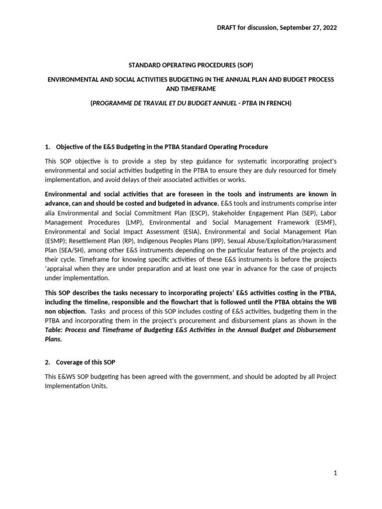 Standard Operating Procedure For ESF Budgetin in PTBA 28 Sept2022 | PDF