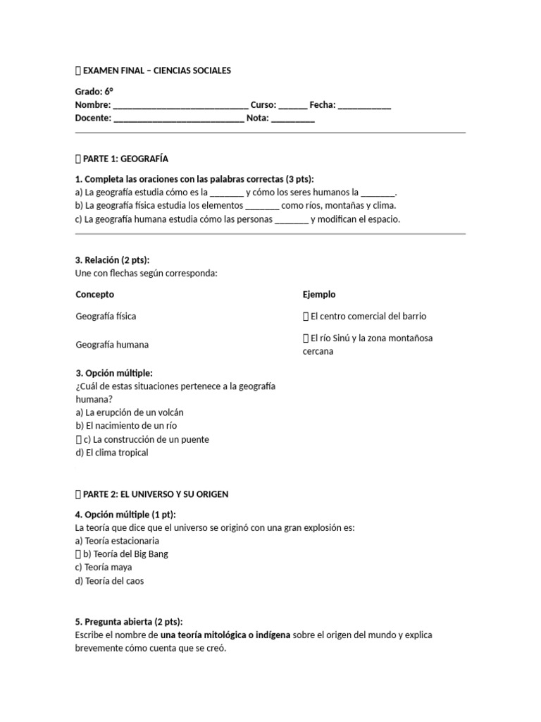 Examen Final de Ciencias Sociales 6° | PDF | Montañas | Geografía