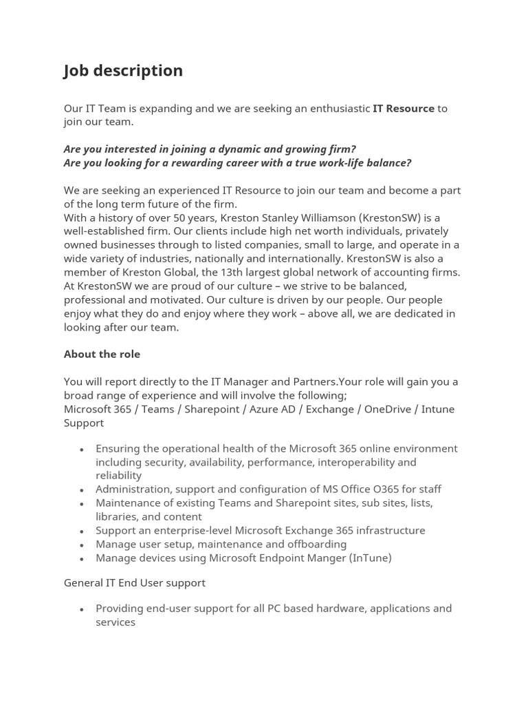 IT Resource Job Description | PDF | Databases | System Administrator