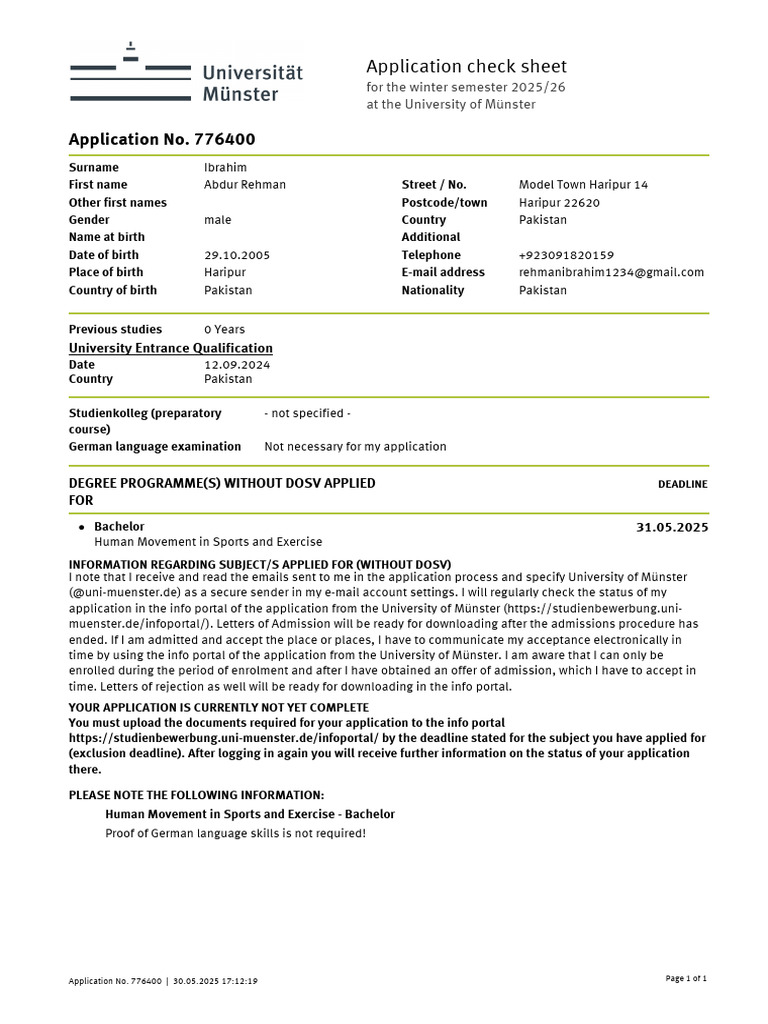 Application for Human Movement Bachelor | PDF