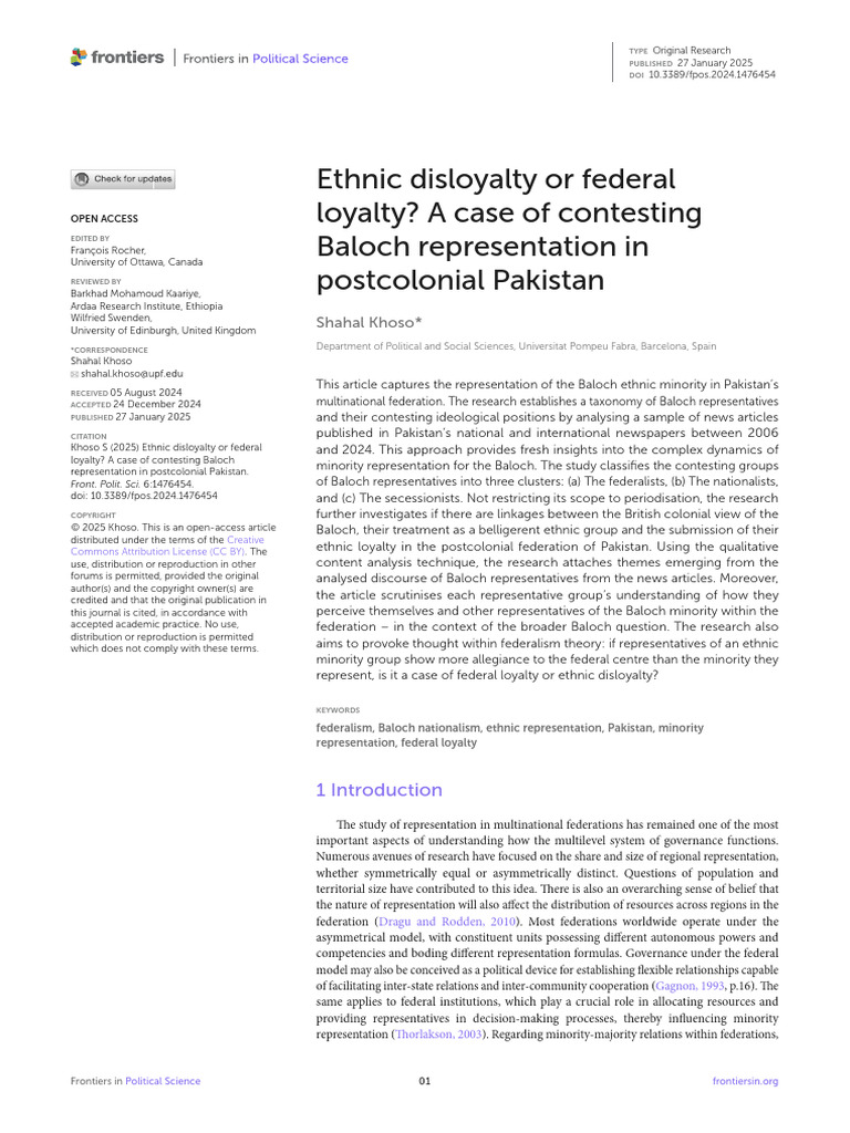 Ethnic Disloyalty or Federal Loyalty - A Case of Contesting Baloch ...