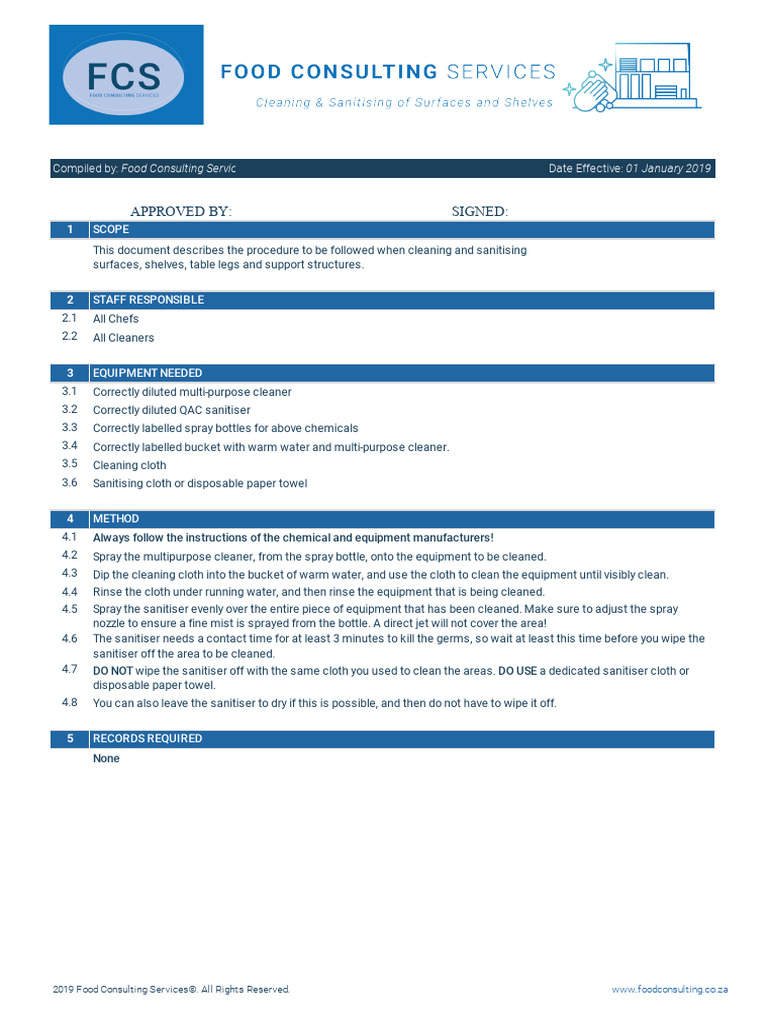 FCS Cleaning and Sanitising Procedure | PDF