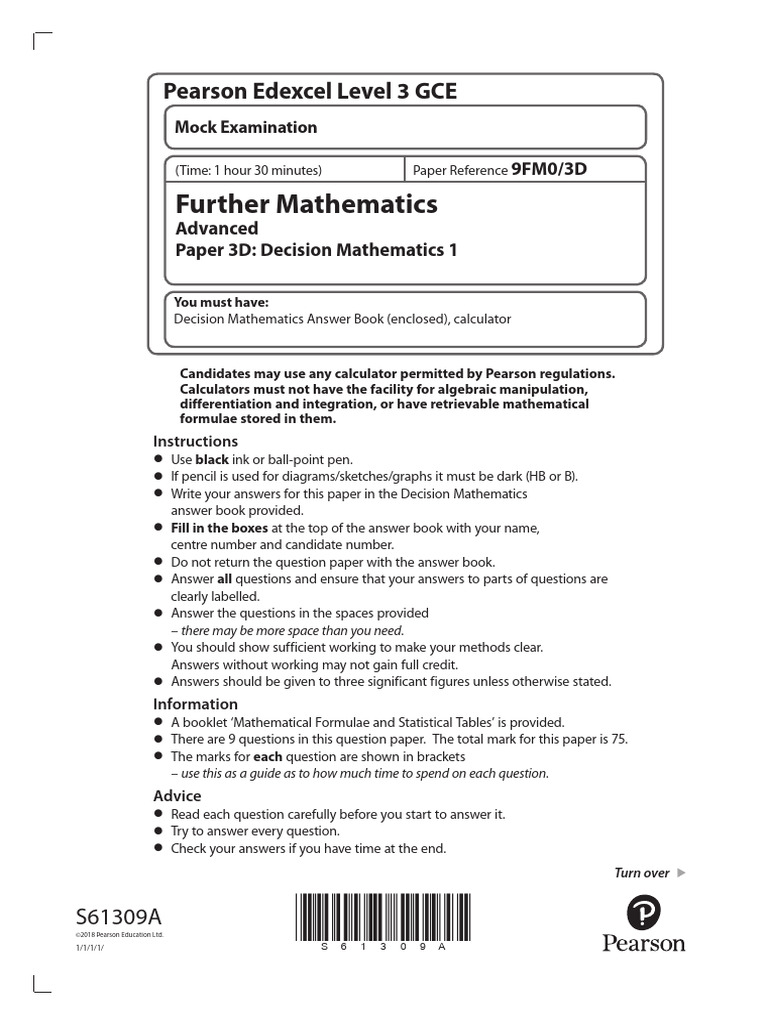 07a 9fm0-3d Decision Mathematics 1 Mock Paper | PDF | Mathematics