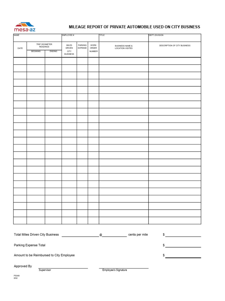 City Business Mileage Report Template | PDF