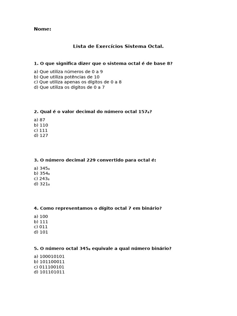 Exercícios sobre Sistema Octal | PDF