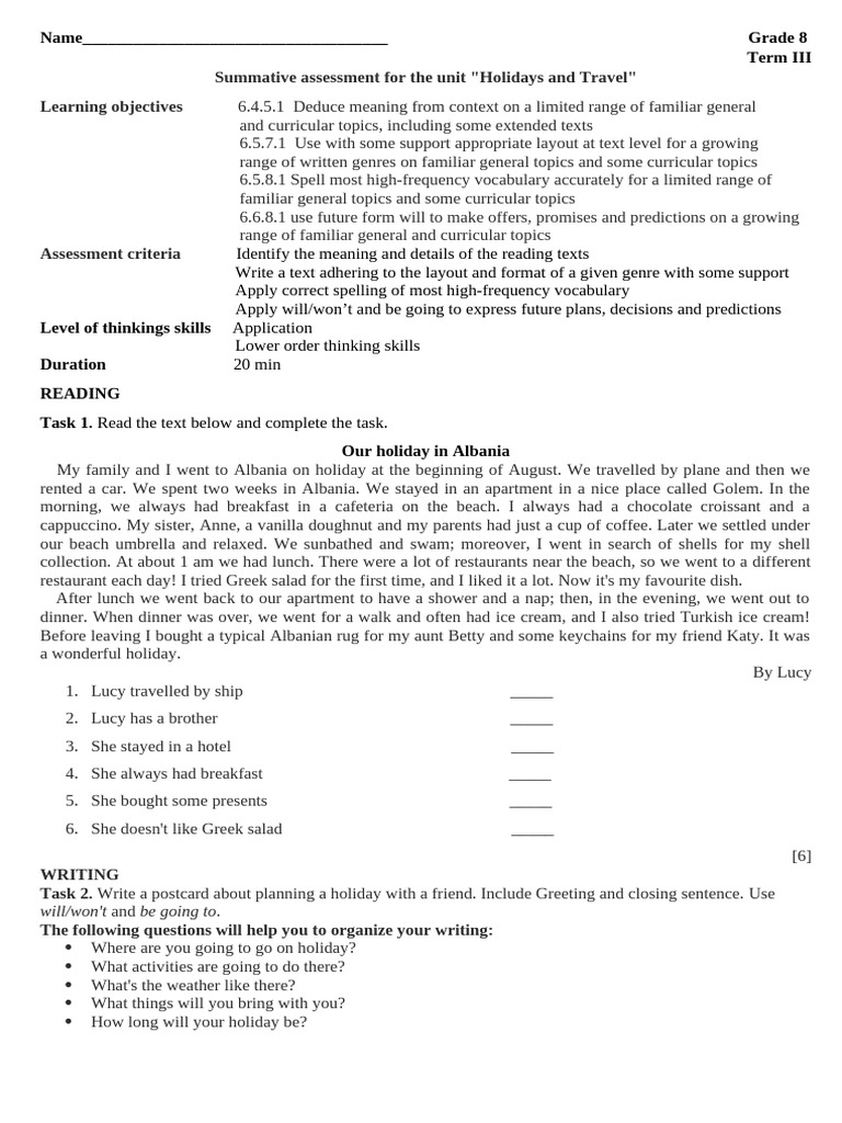 Grade 8 Holidays and Travel Assessment | PDF | Accuracy And Precision ...