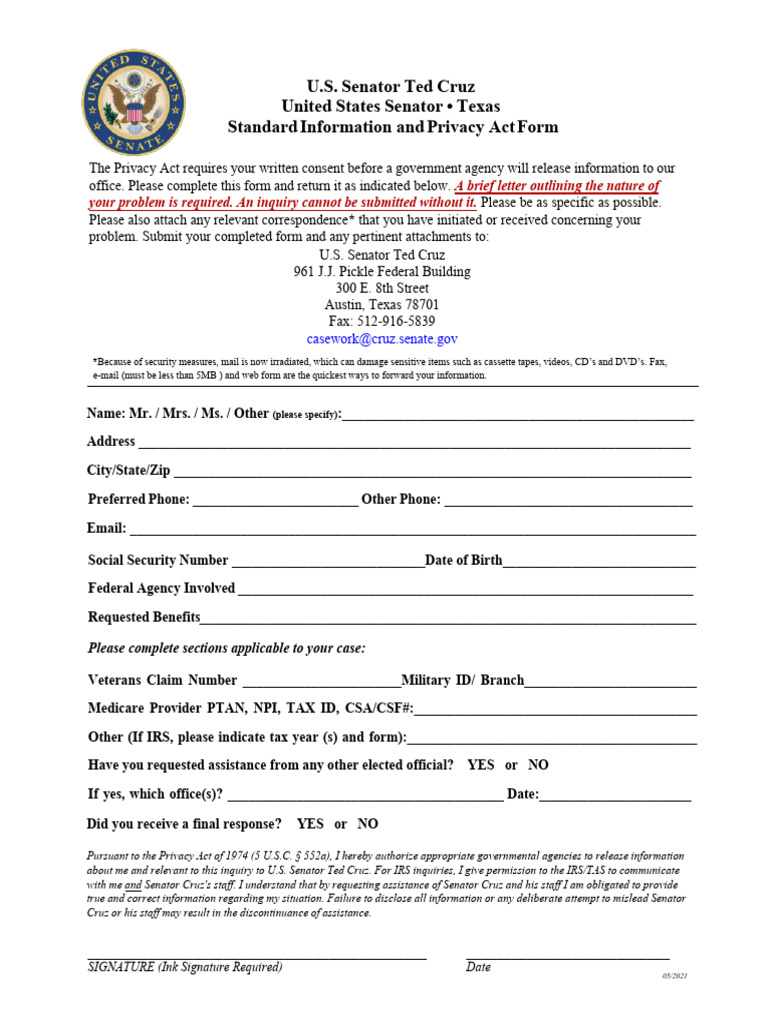 U.S. Senator Cruz Privacy Form Rev11-23 | PDF | Federal Government Of ...