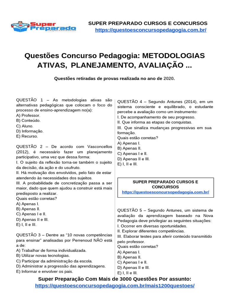 Questões de Pedagogia para Concursos | PDF | Pedagogia | Planejamento