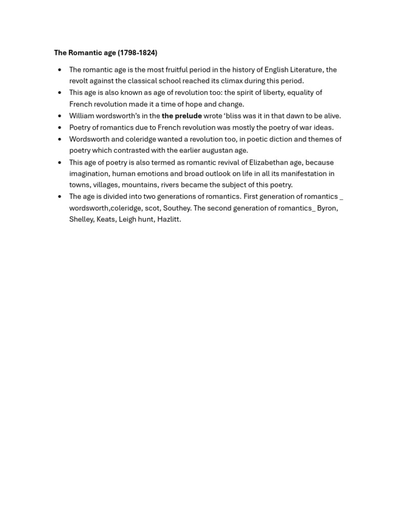 Overview of the Romantic Age (1798-1824) | PDF