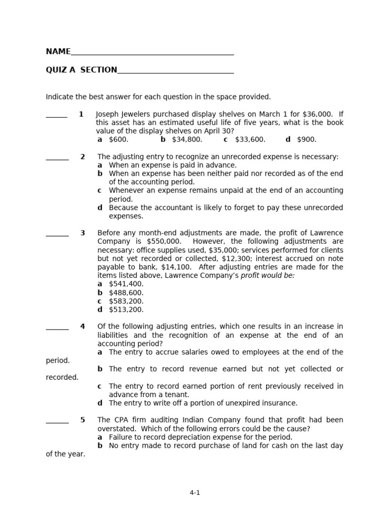 Quiz ch4 | PDF | Debits And Credits | Expense