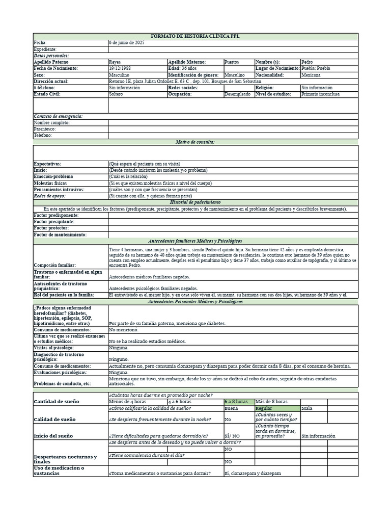Formato de Historia Clínica Ppl | PDF | Dormir | Memoria