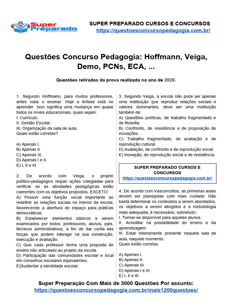 Questões de Concurso para Pedagogia 2020 | PDF | Pedagogia | Pré-escola