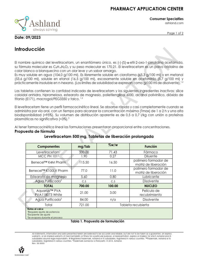 Formulación de Levetiracetam 500 mg | PDF | Solubilidad | Química