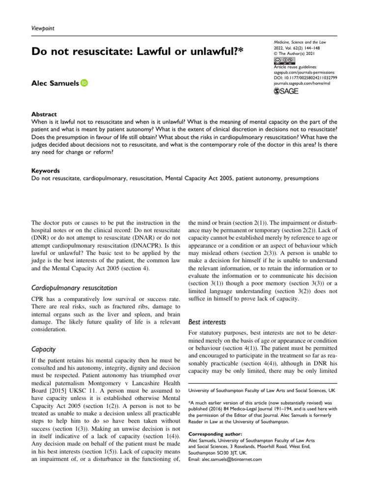 DNR Decisions: Law and Patient Autonomy | PDF | Cardiopulmonary ...