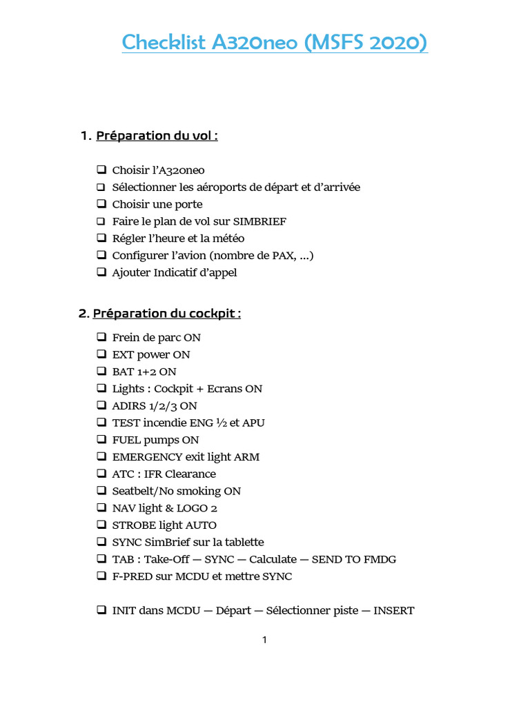 Checklist A320neo pour MSFS 2020 | PDF | Avion | Aviation
