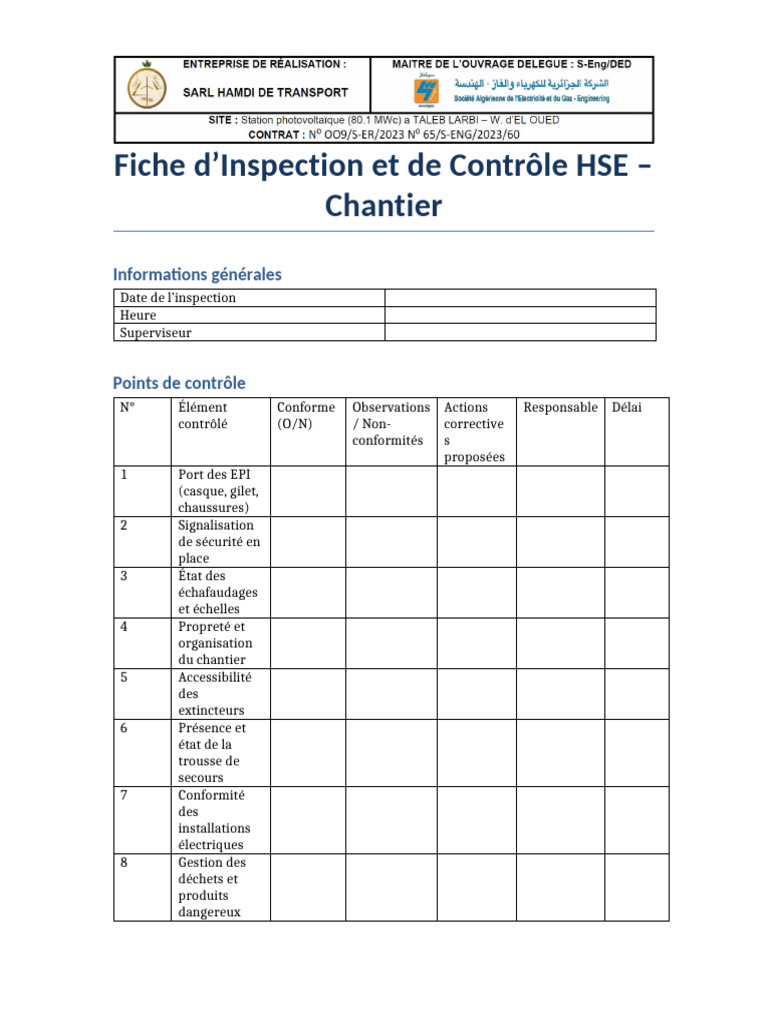 Fiche d'Inspection HSE Chantier | PDF