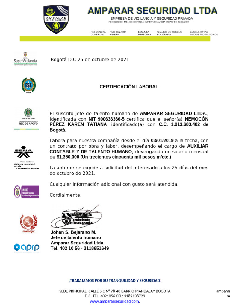 Certificación Laboral Amparar Seguridad | PDF