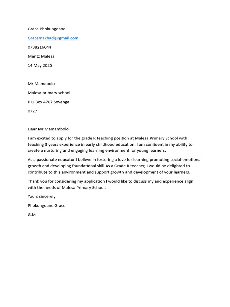 Grade R Teacher Application Letter | PDF