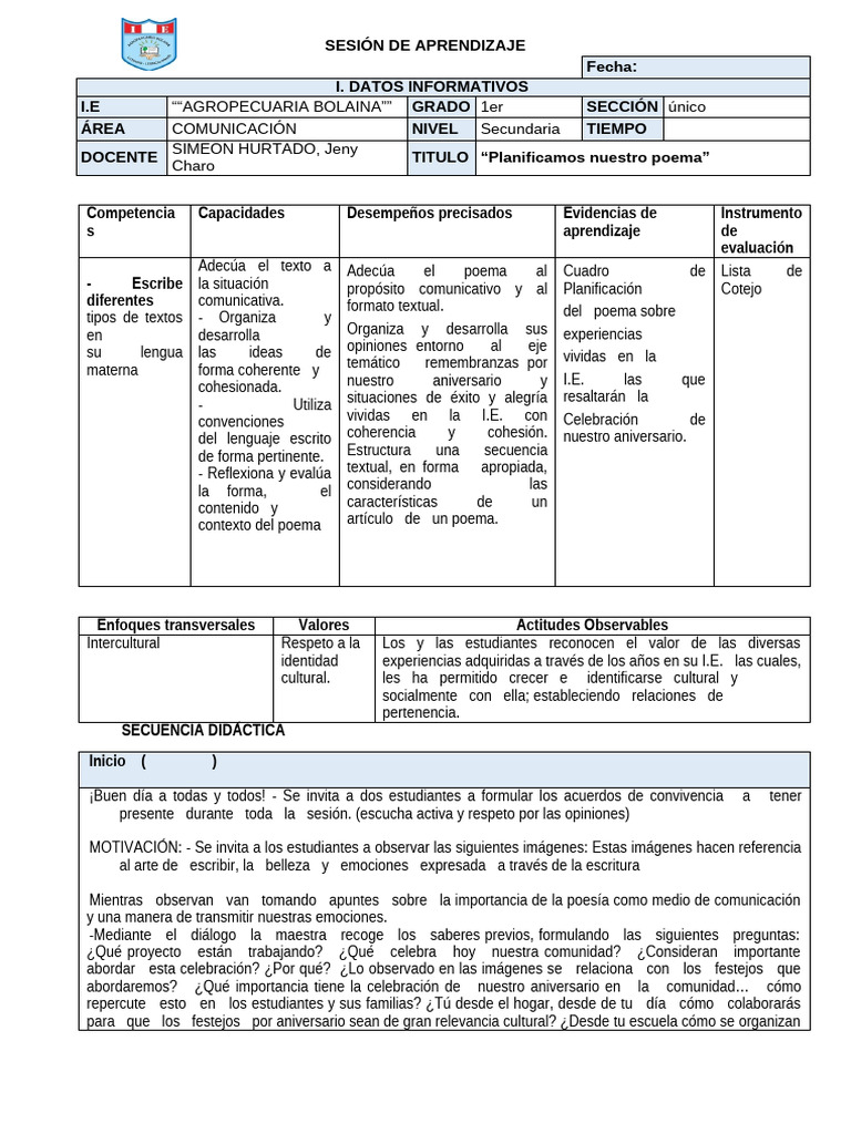 Sesión de Aprendizaje. Tercera Unidad | PDF | Enseñando | Aprendizaje