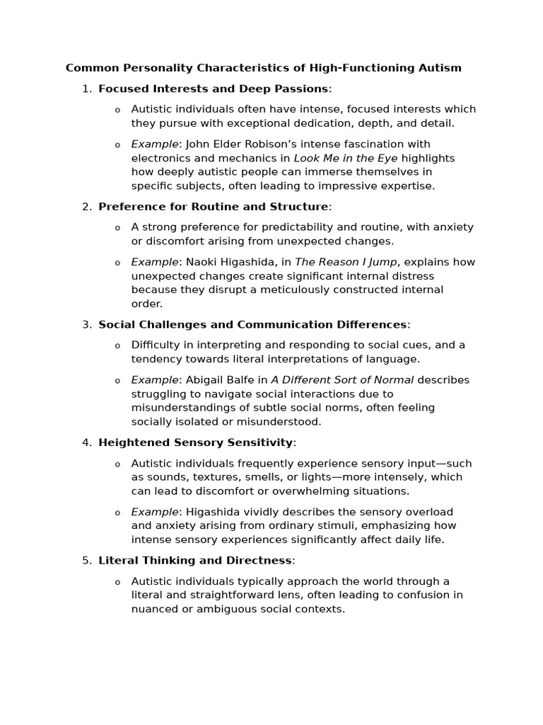 Common Personality Characteristics of High Functioning Autism | PDF ...
