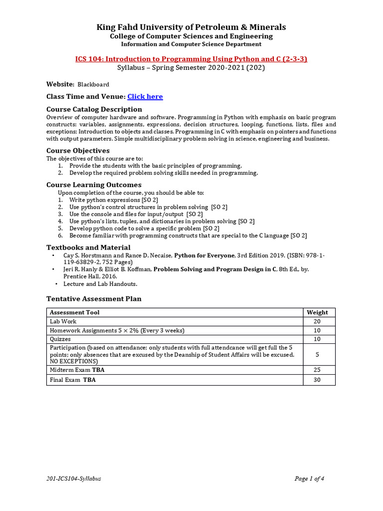 ICS 104 Programming Syllabus 2021 | PDF | C (Programming Language ...