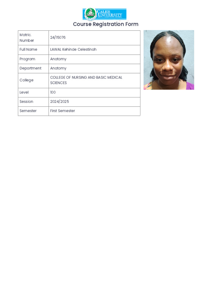 Caleb University Course Registration Form | PDF | Science