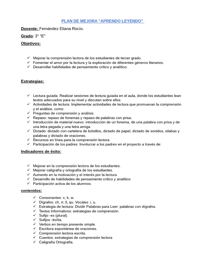 Plan de Mejora en Comprensión Lectora | PDF | Comprensión lectora ...