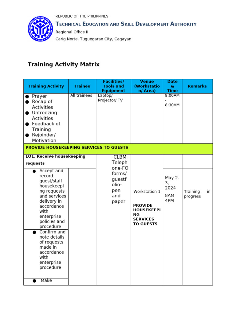 1.Training Activity Matrix.hskdocx | PDF | Laundry | Textiles