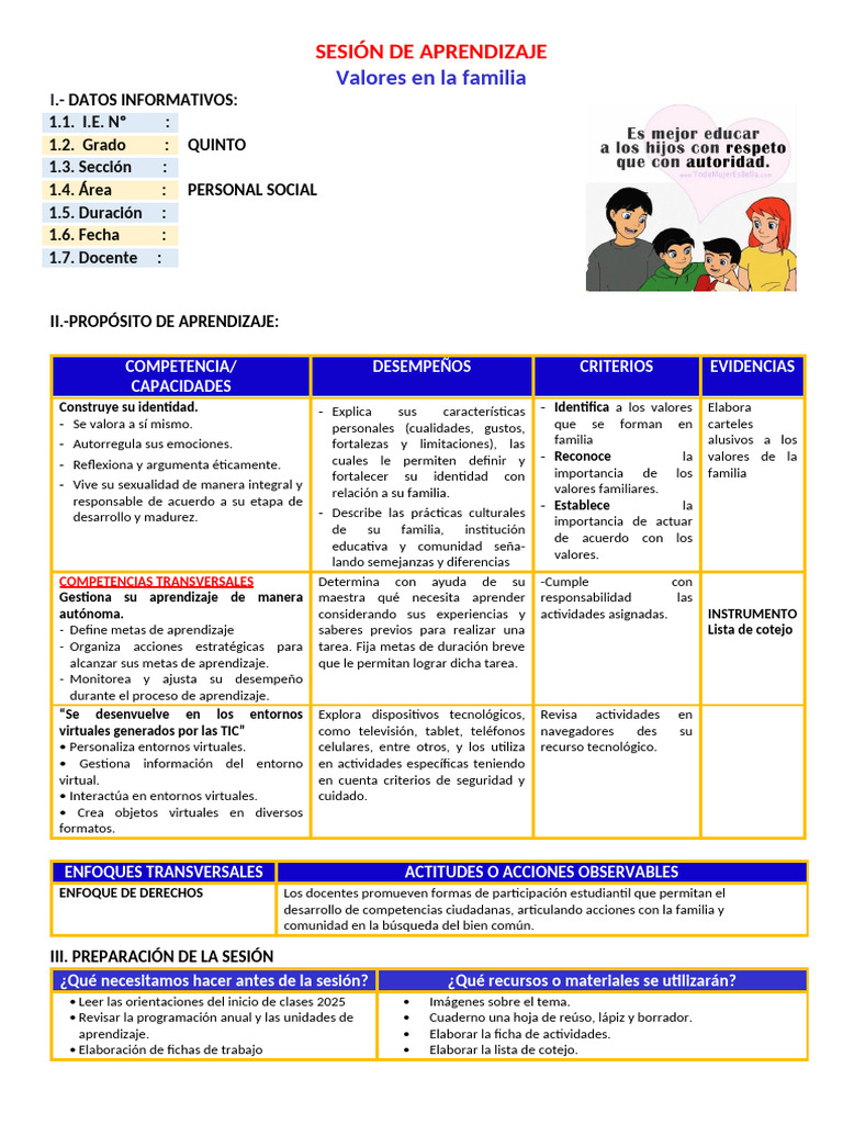 D1 A2 SESION PS. Valores en La Familia | PDF | Aprendizaje | Comportamiento
