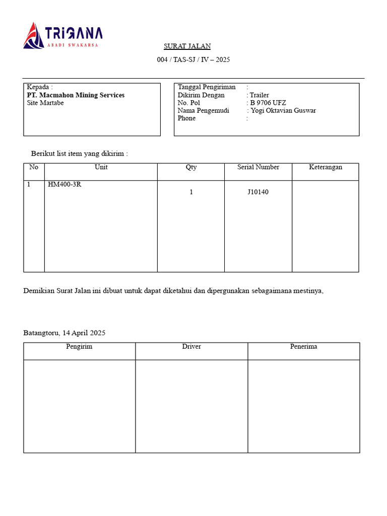 Surat Jalan Pengiriman HM400-3R 2025 | PDF