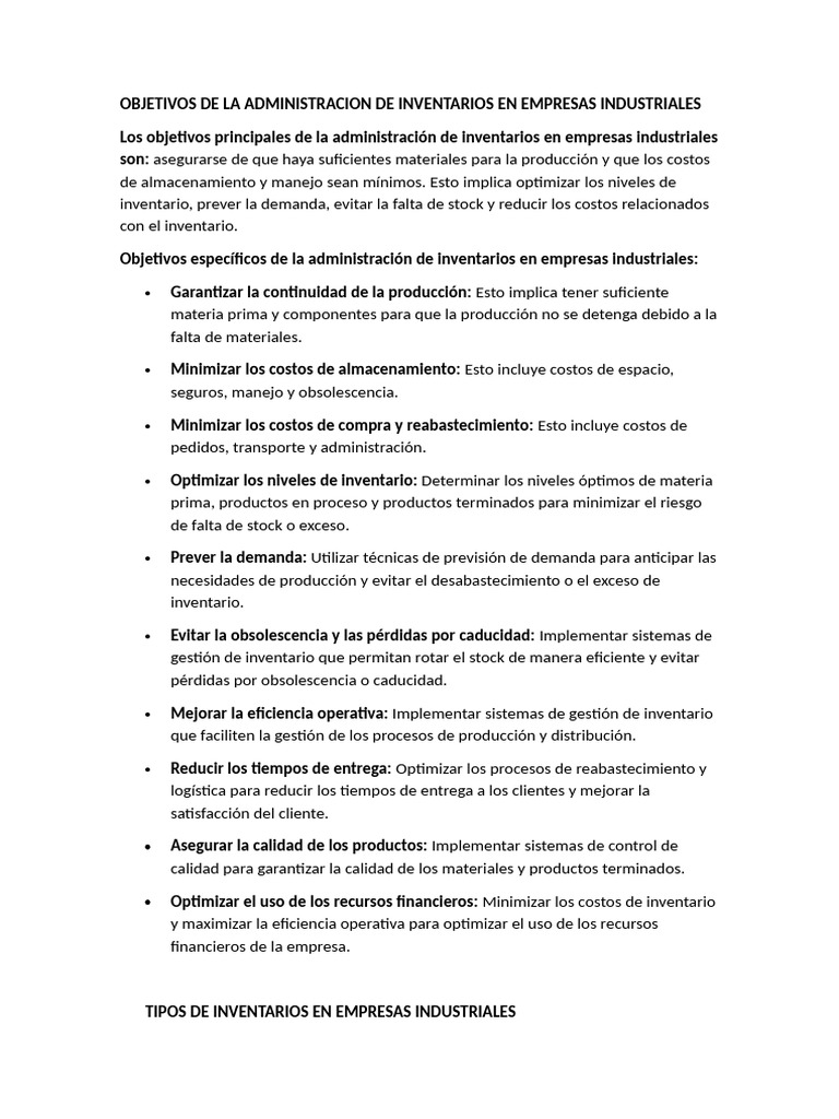 Objetivos de Inventarios en Empresas Industriales | PDF | Calidad ...