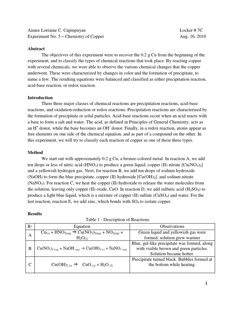 Lab Formal Chemistry of Copper Chemical Reactions Hydroxide