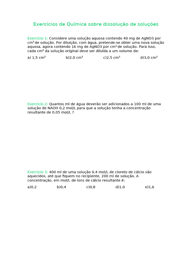 Exercícios de Química sobre Diluição de Soluções | PDF