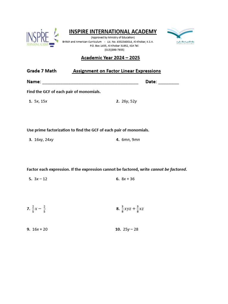 Grade 7 Factoring Linear Expressions | PDF