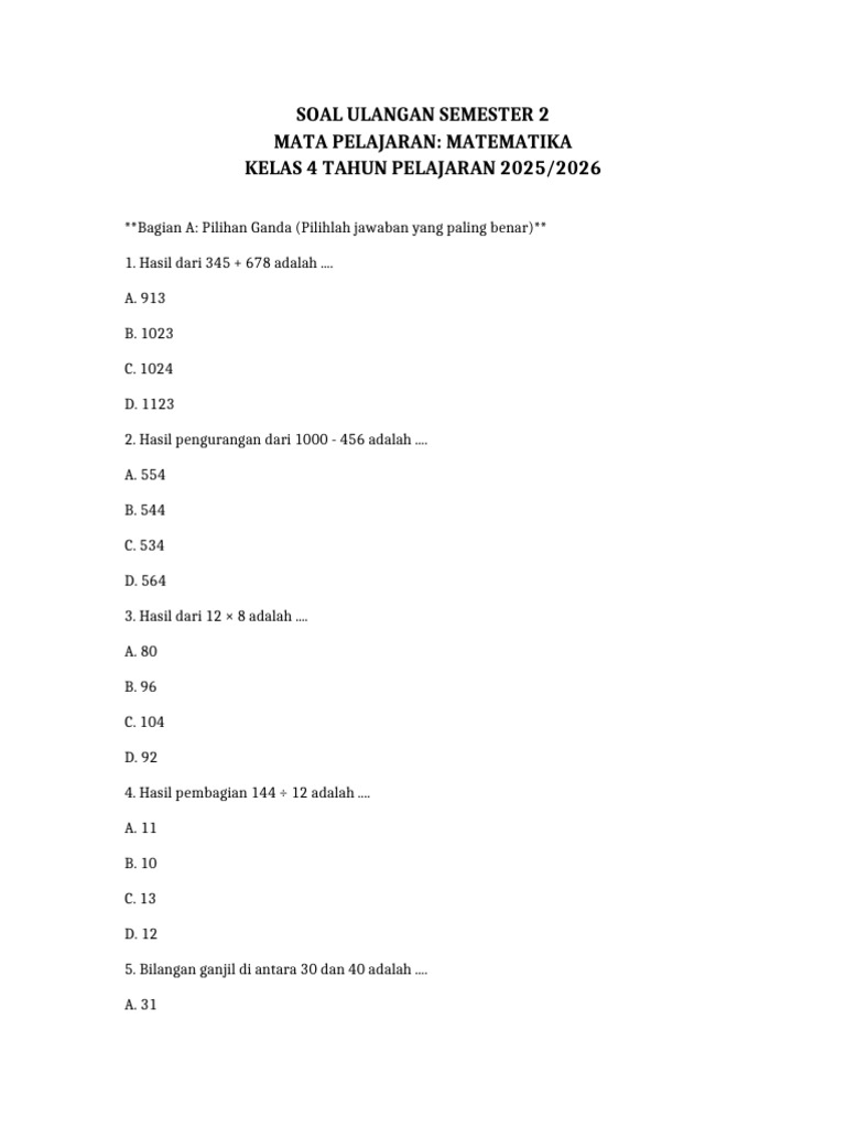 Soal Ulangan Matematika Kelas 4 Semester 2 | PDF
