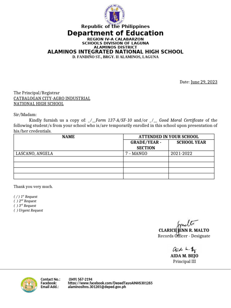 Request for Student Records | PDF
