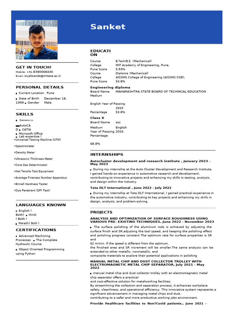 Sanket Yelwande Resume Word | PDF | Reliability Engineering | Quality ...