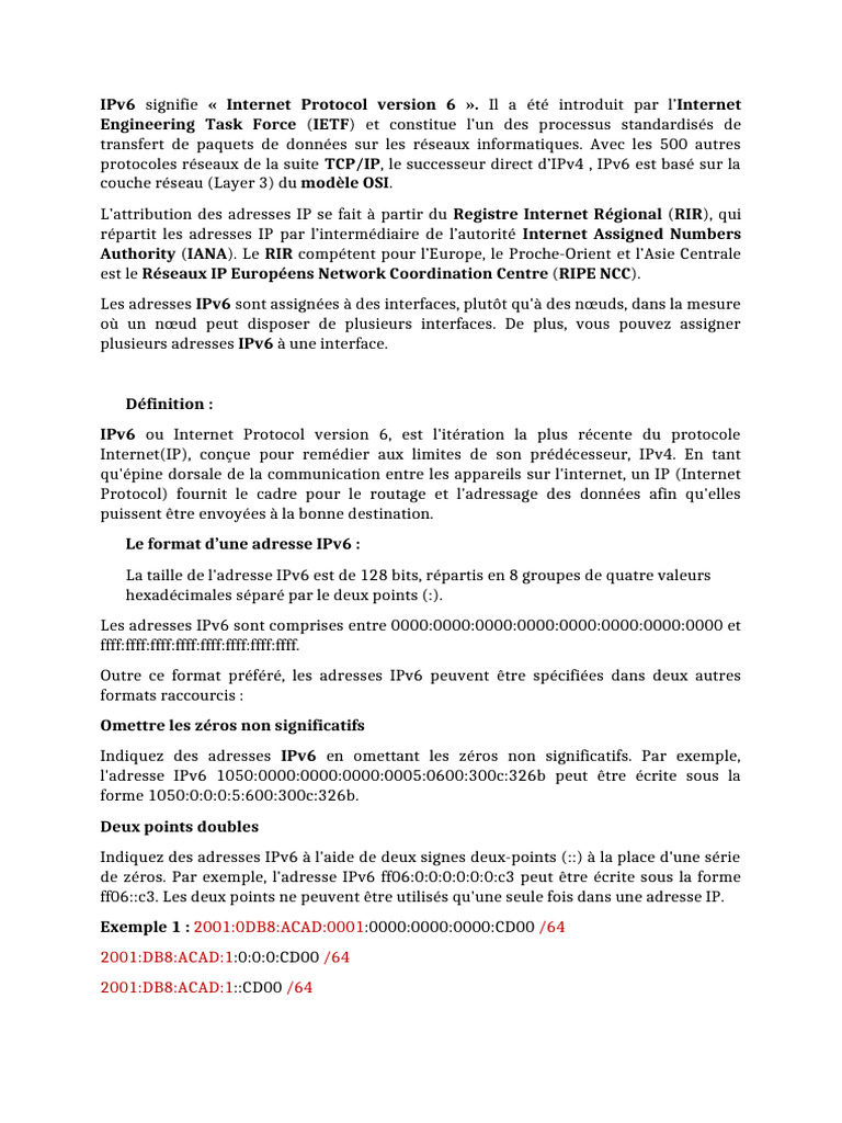 Introduction à IPv6 et ses adresses | PDF | I Pv6 | Protocoles Internet