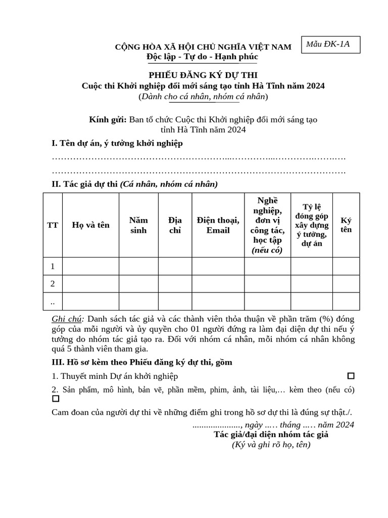 Bieu Mau Cuoc Thi Khoi Nghiep DMST 2024 | PDF