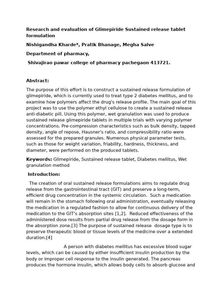 Glimepiride Sustained Release Tablet Study | PDF | Diabetes | Tablet ...