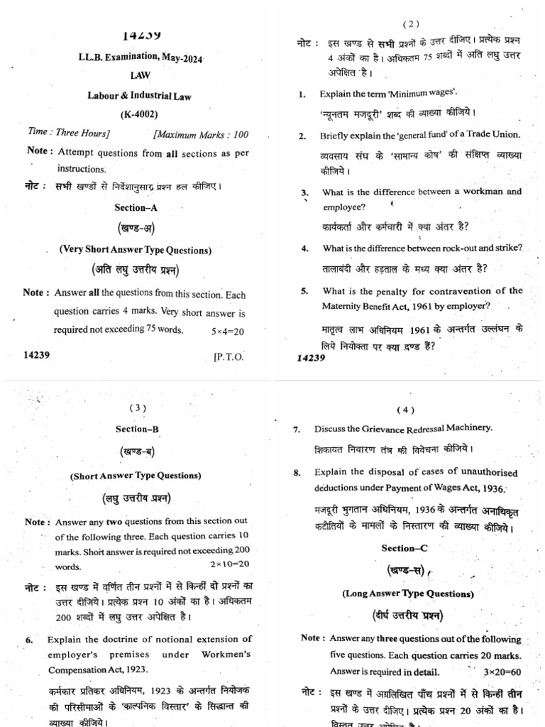 LLB 4 Sem Law Labour and Industrial Law 14239 May 2024 | PDF