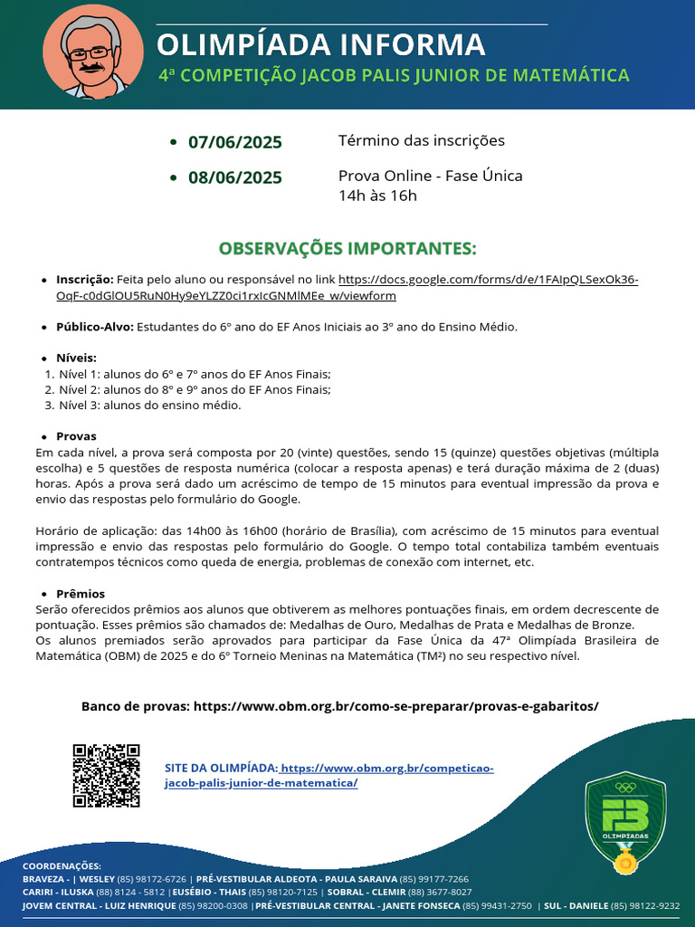 Inscrições para Olimpíada Jacob Palis 2025 | PDF