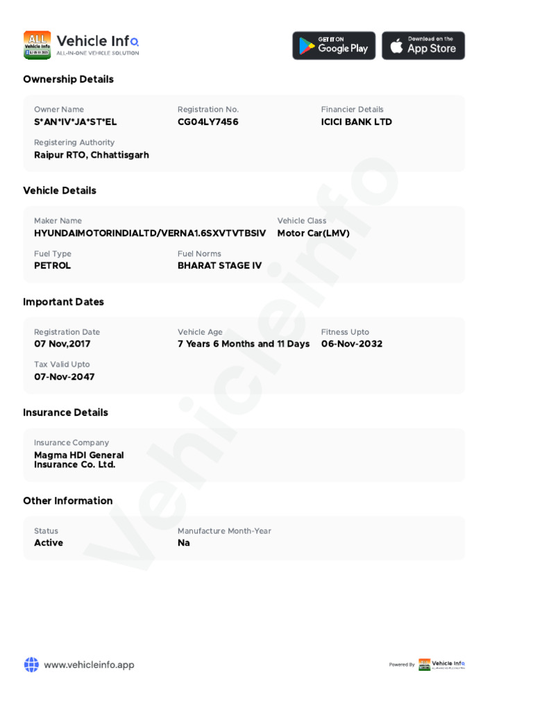 Ownership Details: Owner Name Registration No. Financier Details | PDF