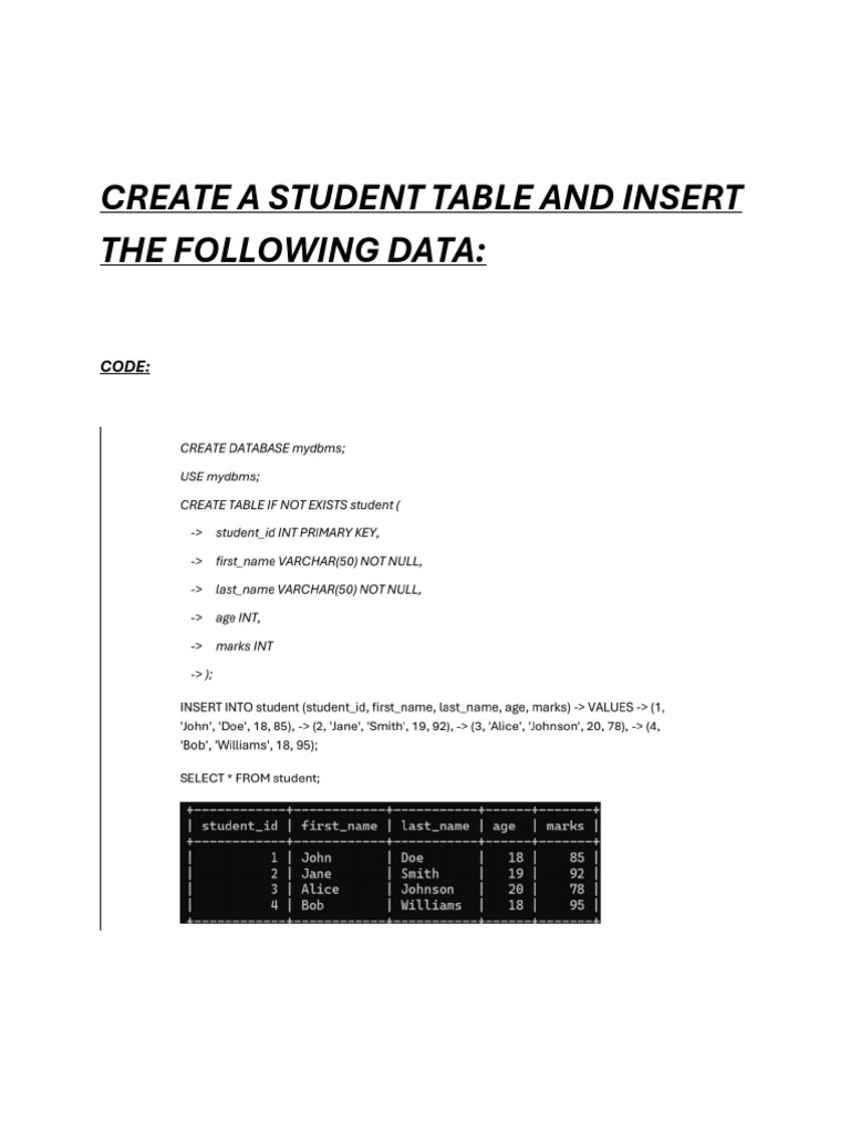 SQL Student Table Operations Guide | PDF