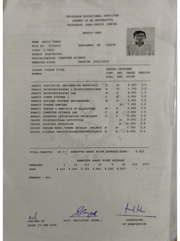 6 Semester Marksheet | PDF