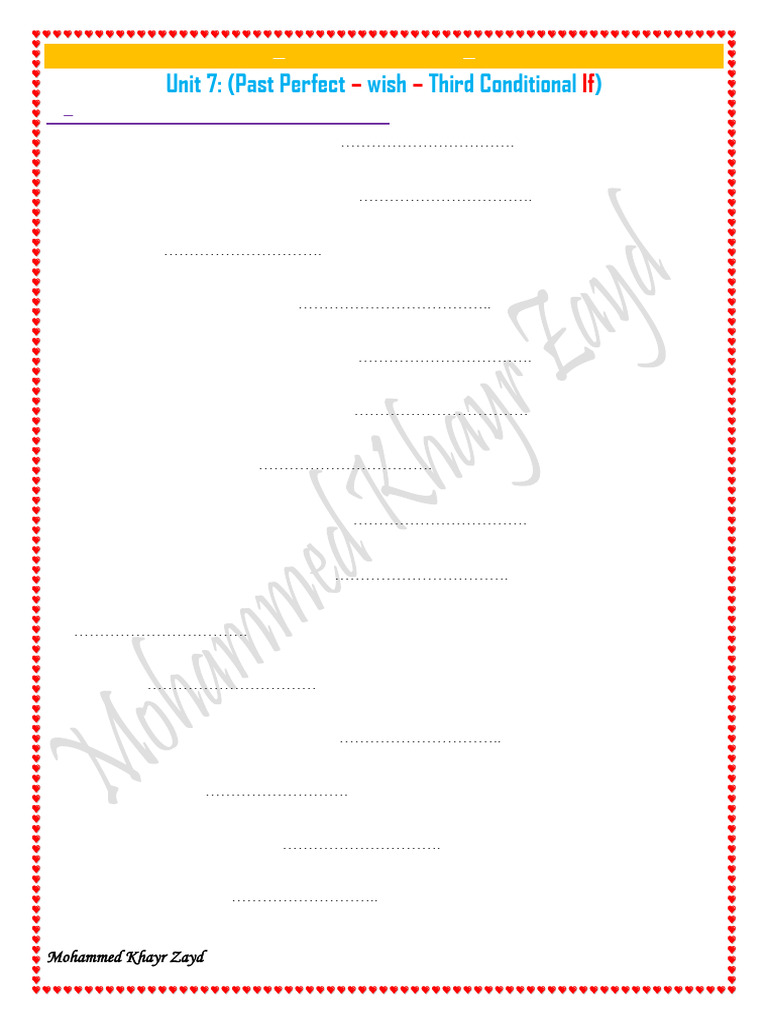 Unit 7: (Past Perfect Wish Third Conditional) : Grade 9 - Second ...